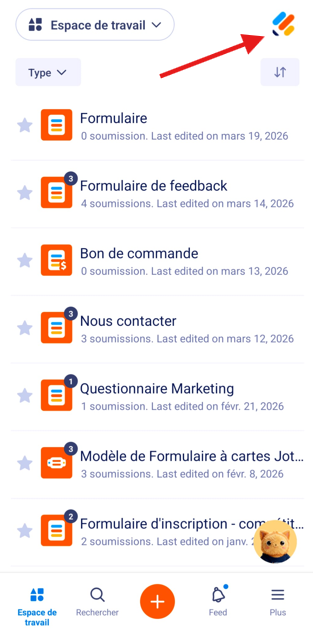 Capture d'écran de la page Mon Espace de Travail de Jotform Mobile avec une flèche vers la photo de profil