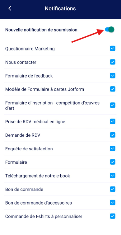 Capture d'écran de l'écran Notifications du profil de l'application Jotform Mobile avec une flèche vers le bouton de notification de nouvelle soumission