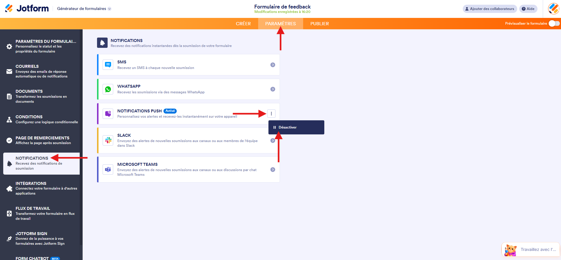 capture d'écran de la page Notifications dans le Générateur de formulaires Jotform avec une flèche pointant vers Paramètres, une autre vers Notifications, une autre vers l'icône à 3 points verticaux et une quatrième vers Désactiver du menu de l'option Notifications push