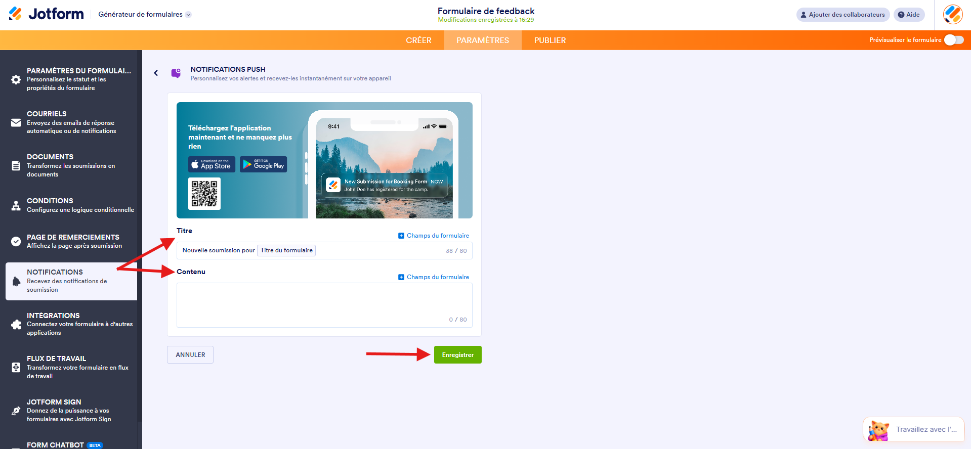 Capture d'écran de la page Notifications push dans le Générateur de formulaires Jotform avec une flèche pointant vers Titre, une autre vers Contenu et une troisième vers Enregistrer