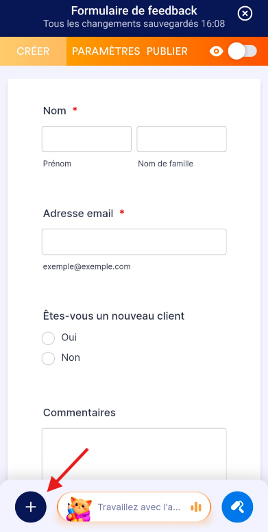 Capture d'écran d'un formulaire de feedback dans l'application Jotform Mobile avec une flèche vers le bouton Plus en bas à gauche de l'écran