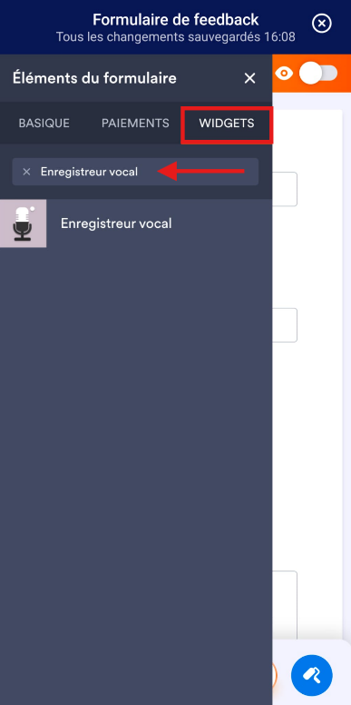 Capture d'écran du volet Éléments du formulaire dans l'application Jotform Mobile avec un encadré autour de Widget et une flèche pointant vers Enregistreur vocal