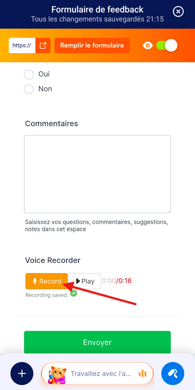 Capture d'écran d'un formulaire dans l'application Jotform Mobile avec une flèche pointant vers le bouton d'enregistrement du widget Enregistreur vocal