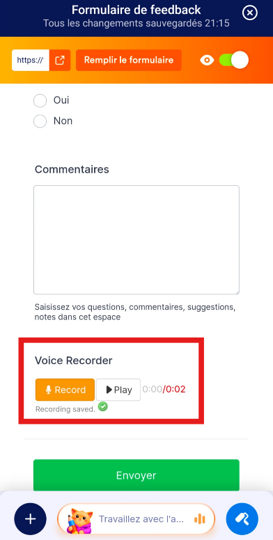 Capture d'écran des boutons Record et Play dans l'application Jotform Mobile avec un message enregistré dans le widget Enregistreur vocal du formulaire 