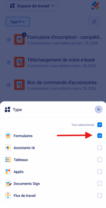 Capture d'écran de l'option Formulaires dans le menu Type de l'espace de travail dans l'application Jotform Mobile