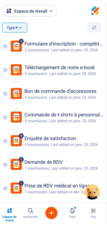 Capture d'écran des formulaires filtrés dans l'espace de travail de l'application Jotform Mobile