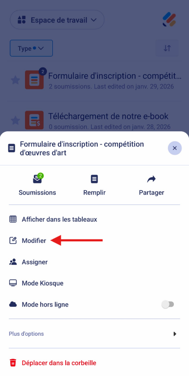 Capture d'écran de l'option Modifier dans le menu du formulaire sélectionné dans l'application Jotform Mobile