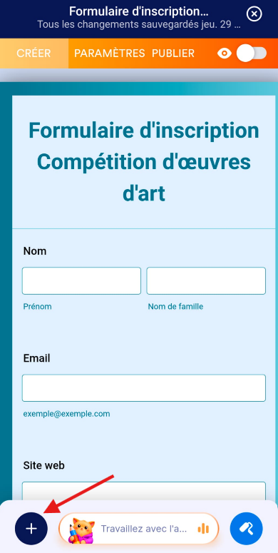 Capture d'écran de l'icône Plus dans l'éditeur de formulaires dans l'application Jotform Mobile