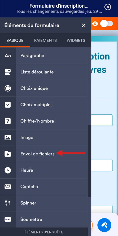 Capture d'écran de l'élément Envoi de fichiers sous l'onglet Basique du volet Éléments du formulaire dans l'application Jotform Mobile