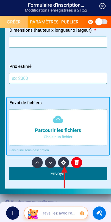 Capture d'écran de l'icône d'engrenage du champ Envoi de fichiers dans l'éditeur de formulaires de l'application Jotform Mobile