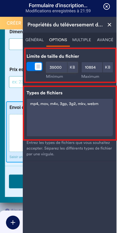 Capture d'écran des paramètres Limite de taille du fichier et Types de fichiers sous l'onglet Options dans le volet Propriétés de téléversement de fichiers du générateur de formulaires de l'application Jotform Mobile