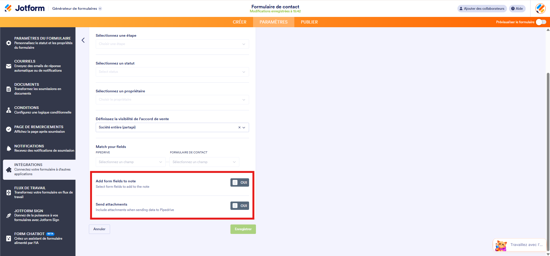 Capture d'écran de la page de l'intégration Pipedrive dans le Générateur de formulaires Jotform avec un encadré autour de Ajouter des notes et Téléverser des fichiers