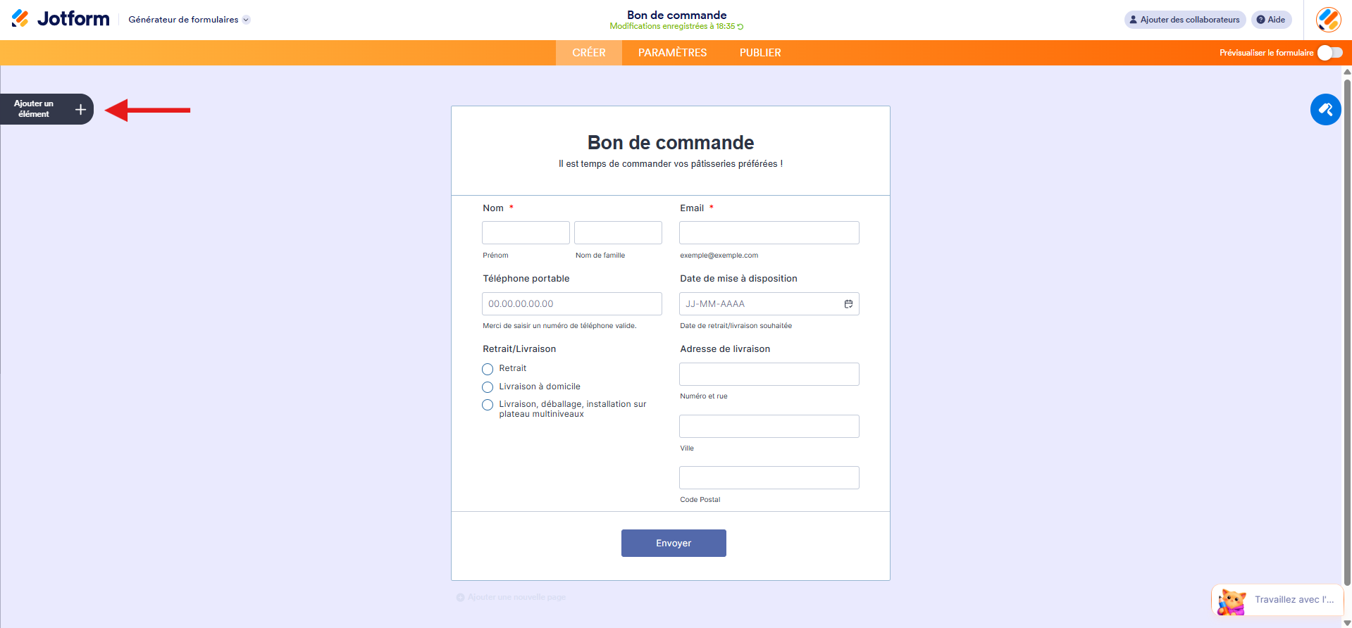 Capture d'écran d'un bon de commande dans le Générateur de formulaires Jotform avec une flèche pointant vers Ajouter un élément