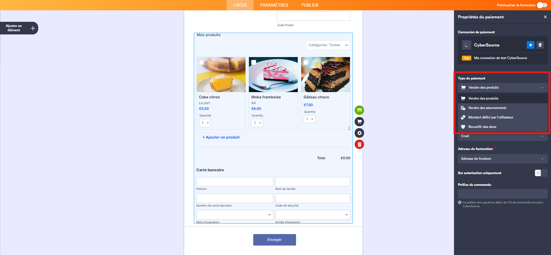 Capture d'écran d'un encadré autour du menu des options disponibles pour choisir le Type de paiement dans le volet Propriétés du paiement dans le Générateur de formulaires Jotform