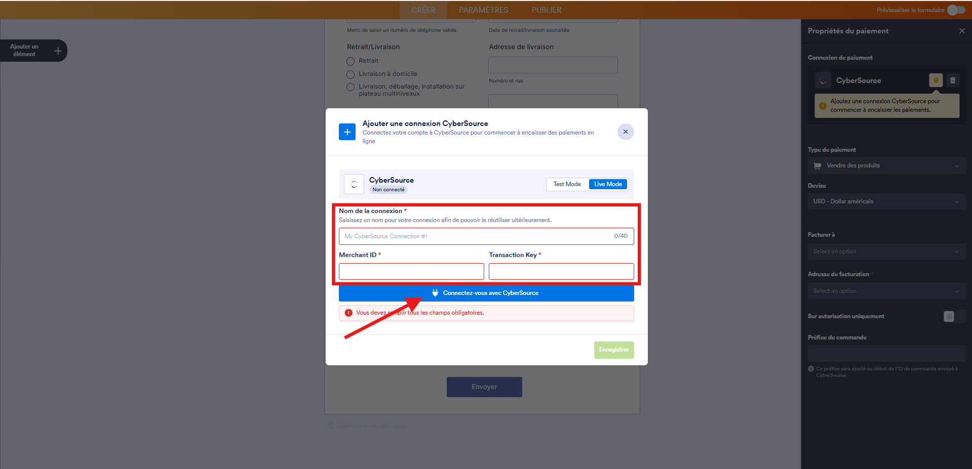 Capture d'écran de la fenêtre modale Ajouter une connexion CyberSource dans le Générateur de formulaires Jotform avec un encadré autour des champs à renseigner