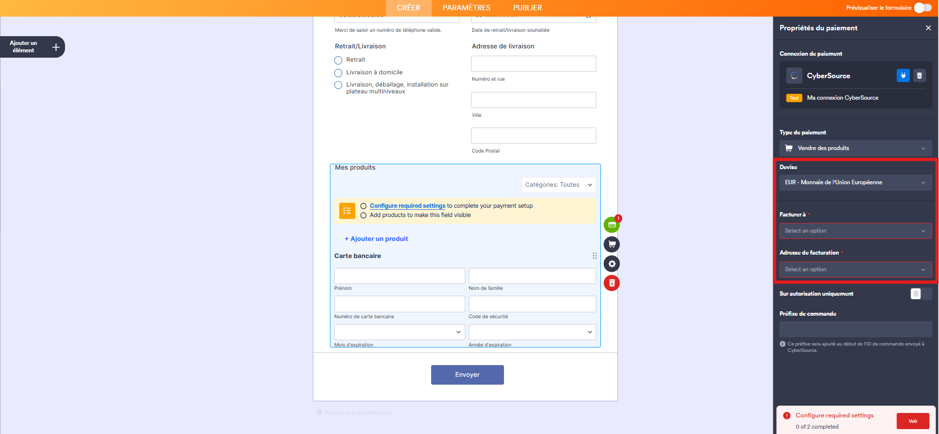 Capture d'écran du volet Propriétés du paiement dans le Générateur de formulaires Jotform avec un encadré autour de Devise et des champs de facturation à renseigner