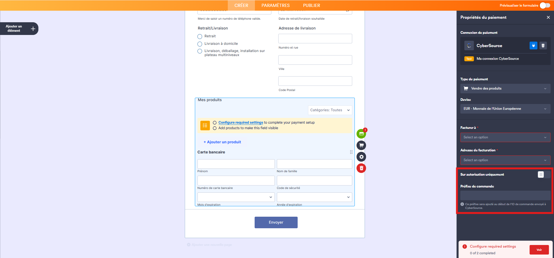 Capture d'écran du volet Propriétés du paiement dans le Générateur de formulaires Jotform avec un encadré autour de Sur autorisation uniquement et Préfixe de commande