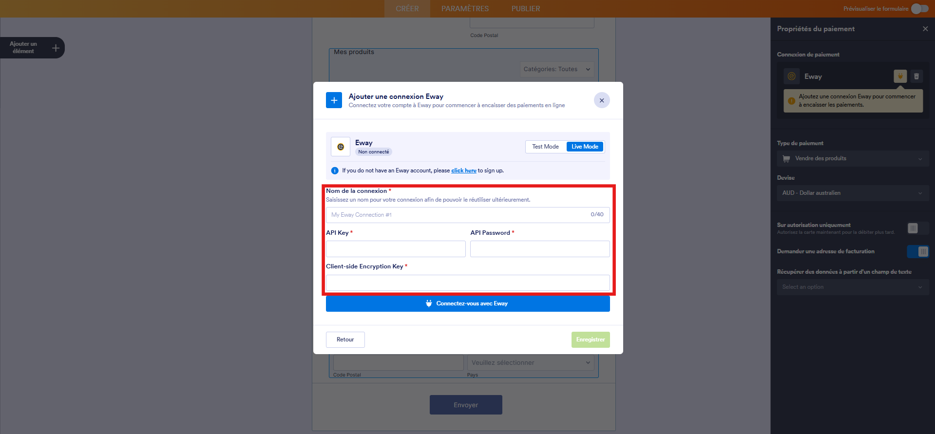 Capture d'écran de la fenêtre modale Ajouter une connexion Eway dans le Générateur de formulaires Jotform avec un encadré autour des champs de connexion à renseigner