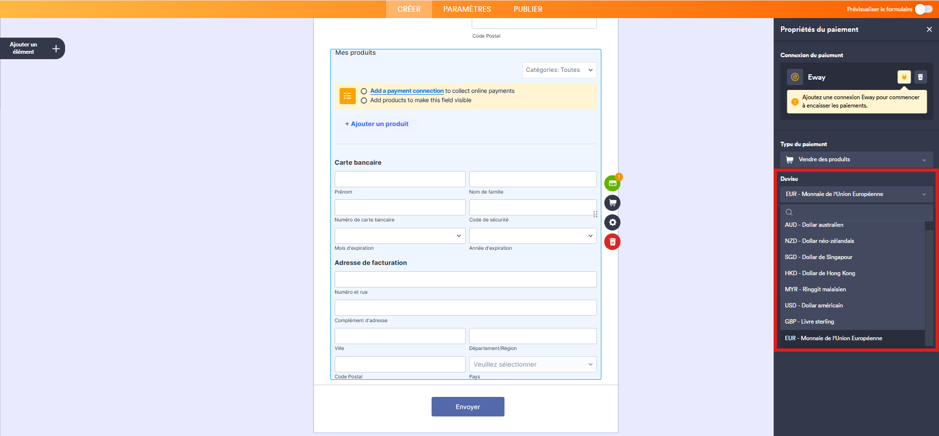 Capture d'écran du menu Devise dans le volet Propriétés du paiement de l'intégration Eway dans le Générateur de formulaires Jotform 