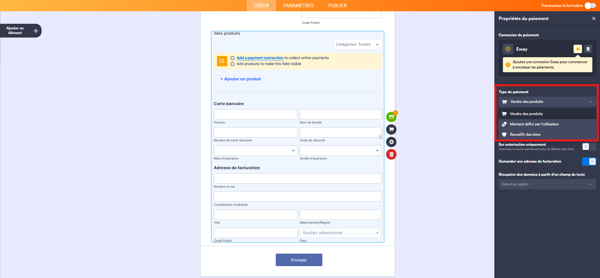 Capture d'écran du volet Paramètres du paiement de l'intégration Eway dans le Générateur de formulaires Jotform avec un encadré autour du menu Type de paiement