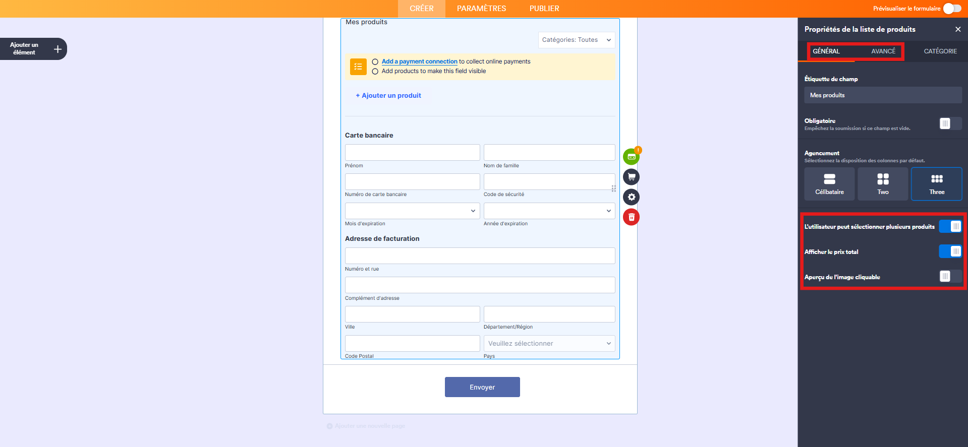 Capture d'écran du volet Propriétés de la liste de produits de l'intégration Eway dans le Générateur de formulaires Jotform avec un encadré autour des onglets Général et Avancé et un autre autour des paramètres à configurer