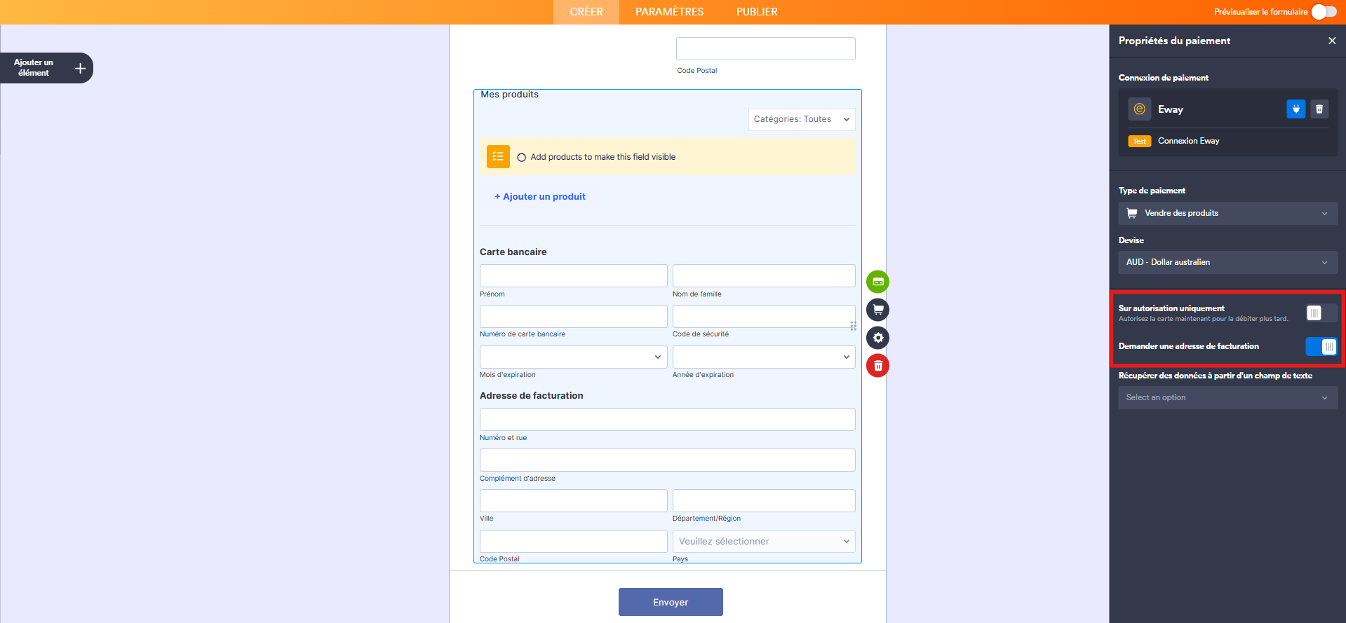 Capture d'écran du volet Propriétés du paiement dans le Générateur de formulaires Jotform avec un encadré autour des options Sur autorisation uniquement et Demander une adresse de facturation