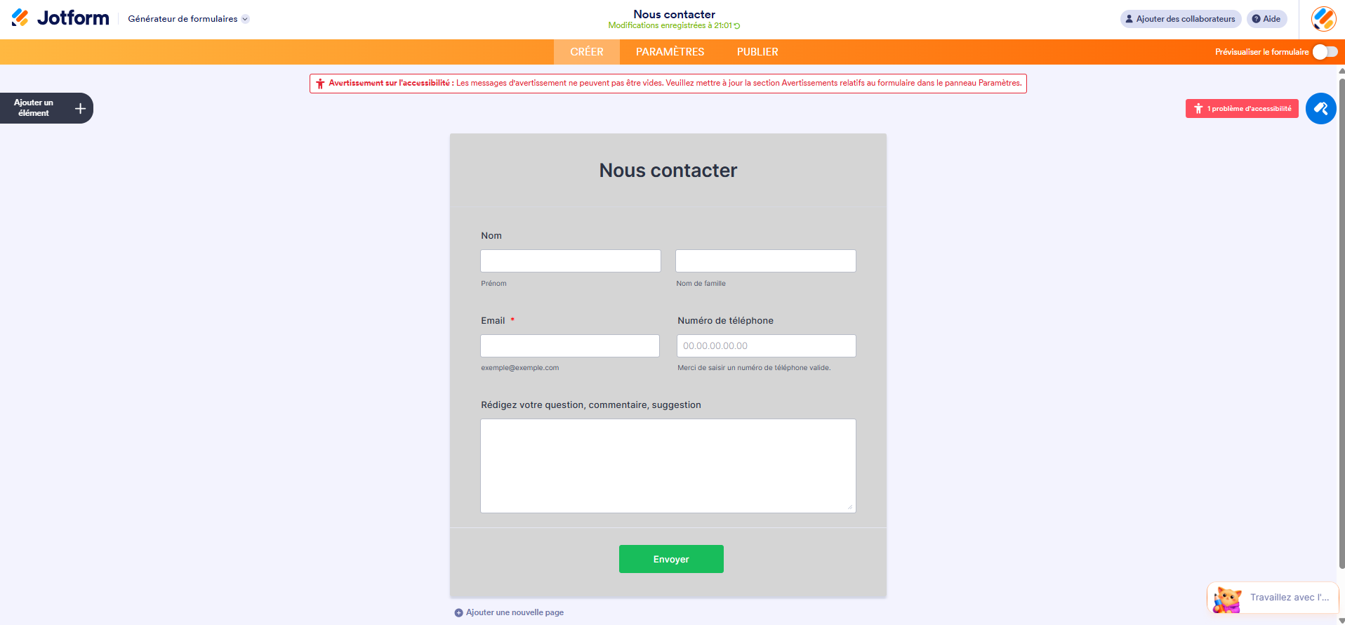 Capture d'écran d'un formulaire avec un message d'avertissement d'accessibilité indiquant que le texte d'avertissement est manquant et doit être mis à jour dans le panneau Paramètres de Jotform