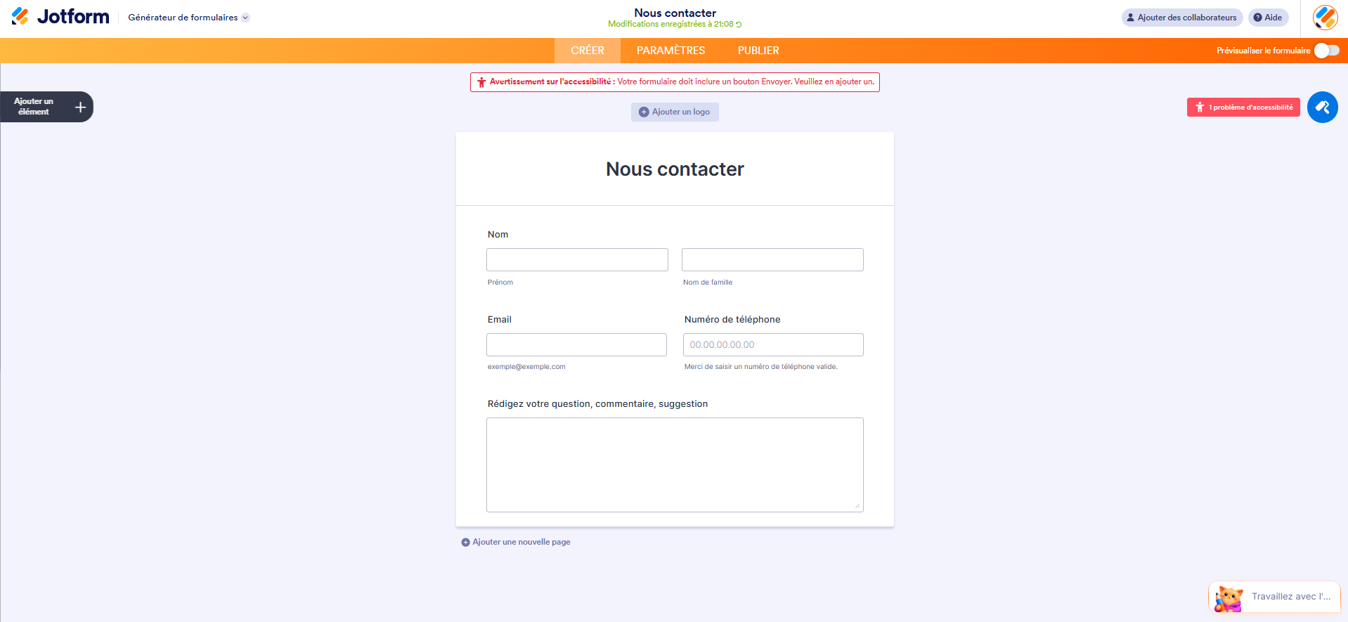 Capture d'écran d'un formulaire avec un message d'avertissement d'accessibilité qui signale une erreur de bouton d'envoi manquant