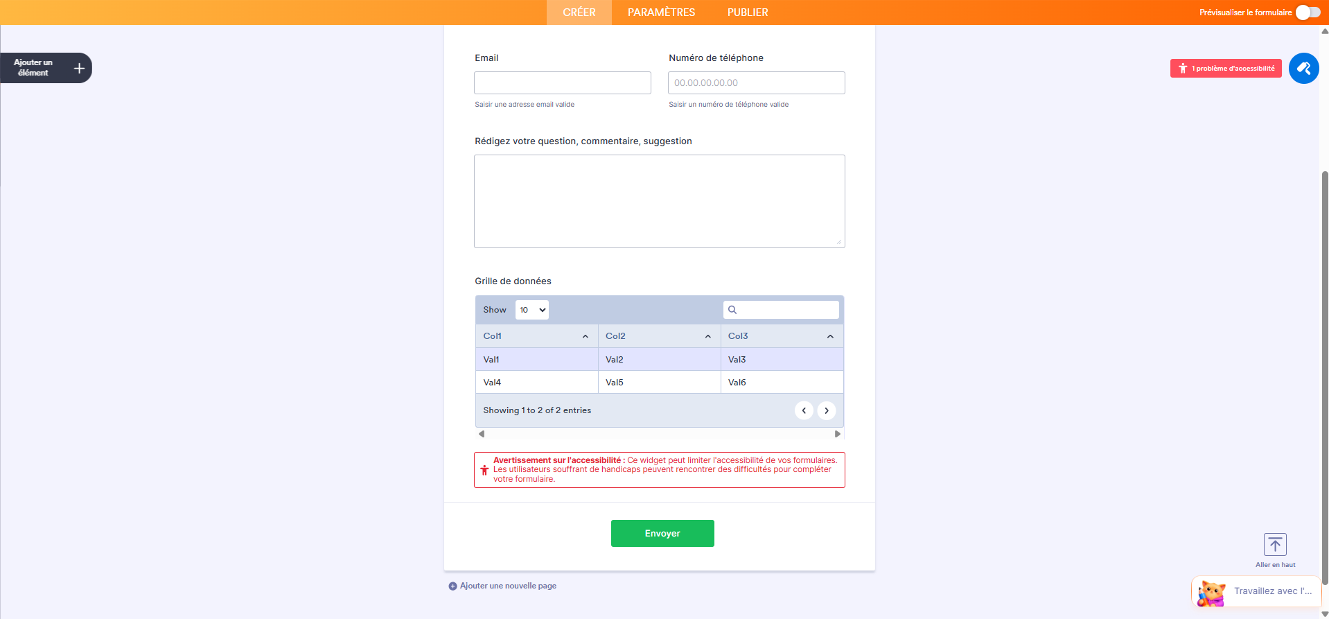 Capture d'écran d'un formulaire avec un message d'avertissement d'accessibilité indiquant qu'un widget peut ne pas être compatible avec les outils d'assistance