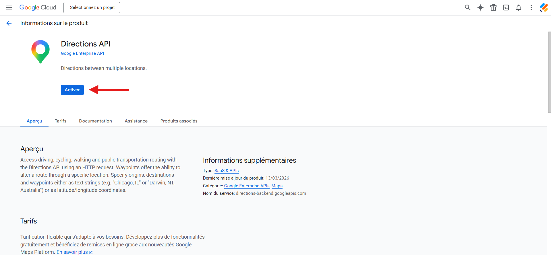 Capture d'écran d'une API Maps de la bibliothèque API de Google Cloud nommée Directions API avec une flèche pointant vers le bouton Activer