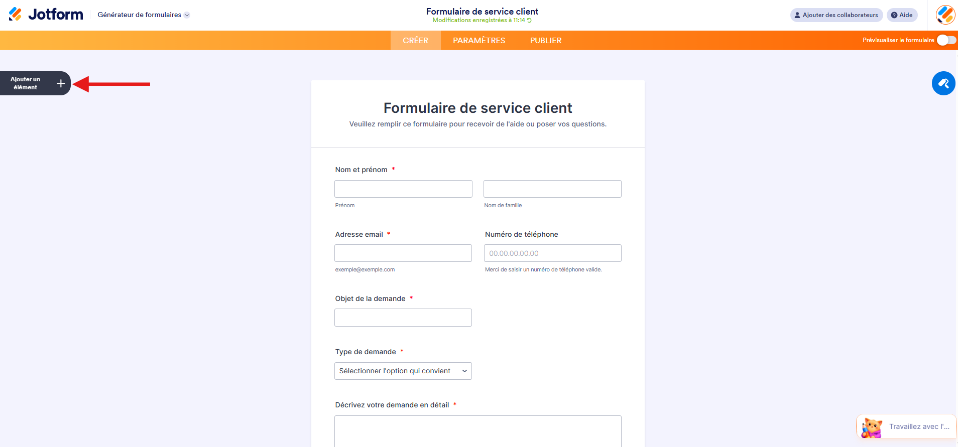 Capture d'écran d'un formulaire dans le Générateur de formulaires Jotform avec une flèche pointant vers le bouton Ajouter un élément