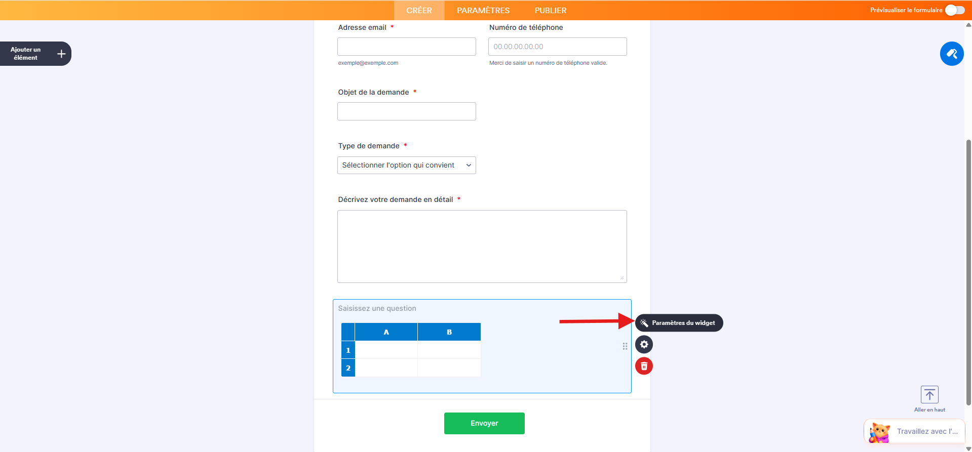 Capture d'écran d'un formulaire dans le Générateur de formulaires Jotform avec une flèche pointant vers l'icône de baguette magique du widget Feuille de calcul 