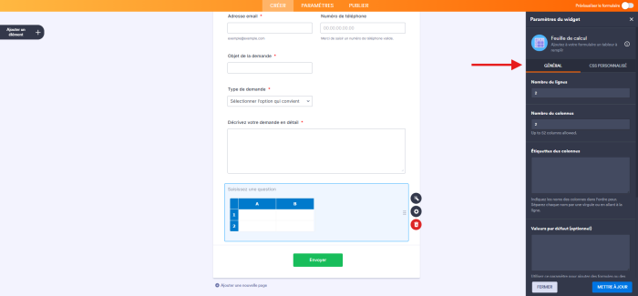 Capture d'écran d'un formulaire dans le Générateur de formulaires Jotform avec une flèche pointant vers l'onglet Général du volet Paramètres du widget de l'élément widget Feuille de calcul