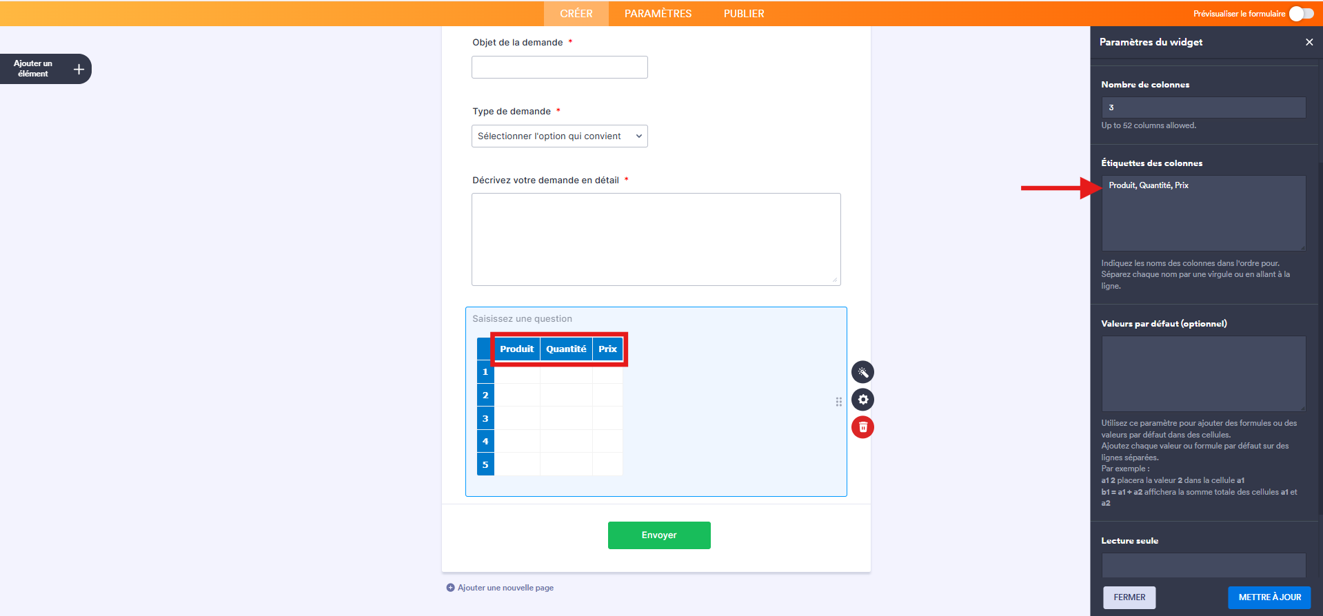Capture d'écran d'un formulaire dans le Générateur de formulaires Jotform avec une flèche pointant vers Étiquettes des colonnes dans l'onglet Général du volet Paramètres du widget et un encadré autour des 3 colonnes Produit, Quantité, Prix de l'élément widget Feuille de calcul 