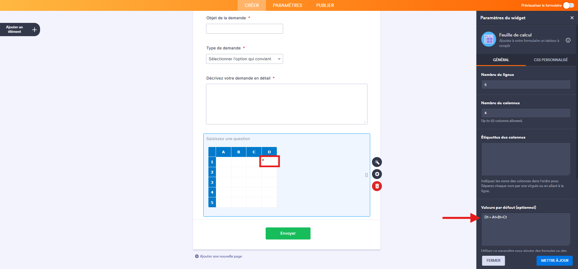 Capture d'écran d'un formulaire dans le Générateur de formulaires Jotform avec une flèche pointant vers Valeurs par défaut (optionnel) dans l'onglet Général du volet Paramètres du widget et un encadré autour de la valeur 0 dans la case D1 de l'élément widget Feuille de calcul