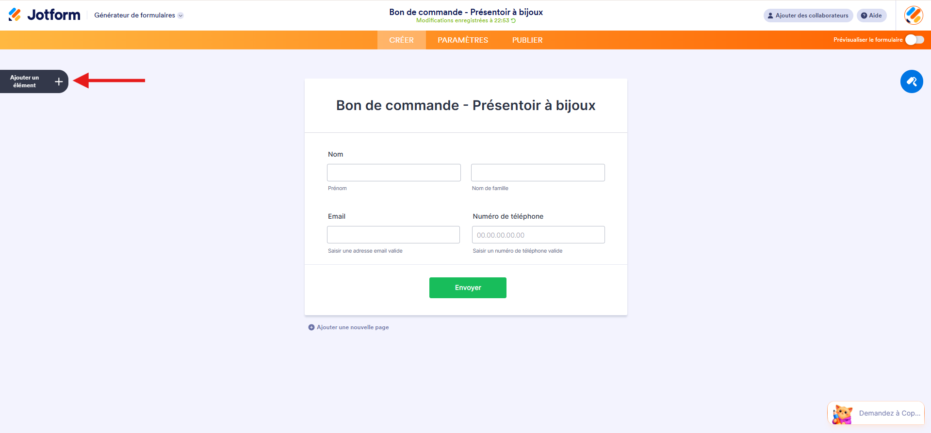 Capture d'écran d'un bon de commande dans le Générateur de formulaires Jotform avec une flèche vers le bouton Ajouter un élément