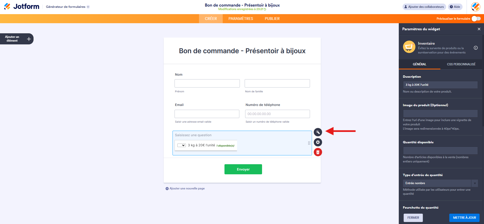Capture d'écran d'un bon de commande dans le Générateur de formulaires Jotform avec une flèche vers l'icône de baguette magique à droite du widget inventaire et le volet Paramètres du widget ouvert à droite