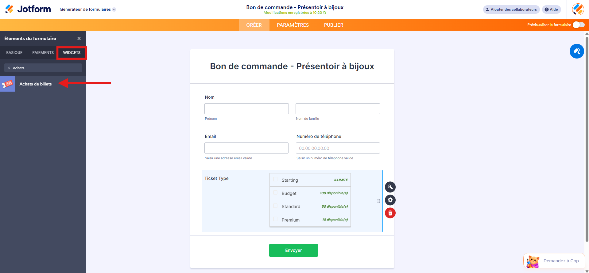 Capture d'écran d'un bon de commande dans le Générateur de formulaires Jotform avec un élément widget Achats de billet, une flèche vers Achats de billet dans le volet Éléments du formulaire sous l'onglet Widgets