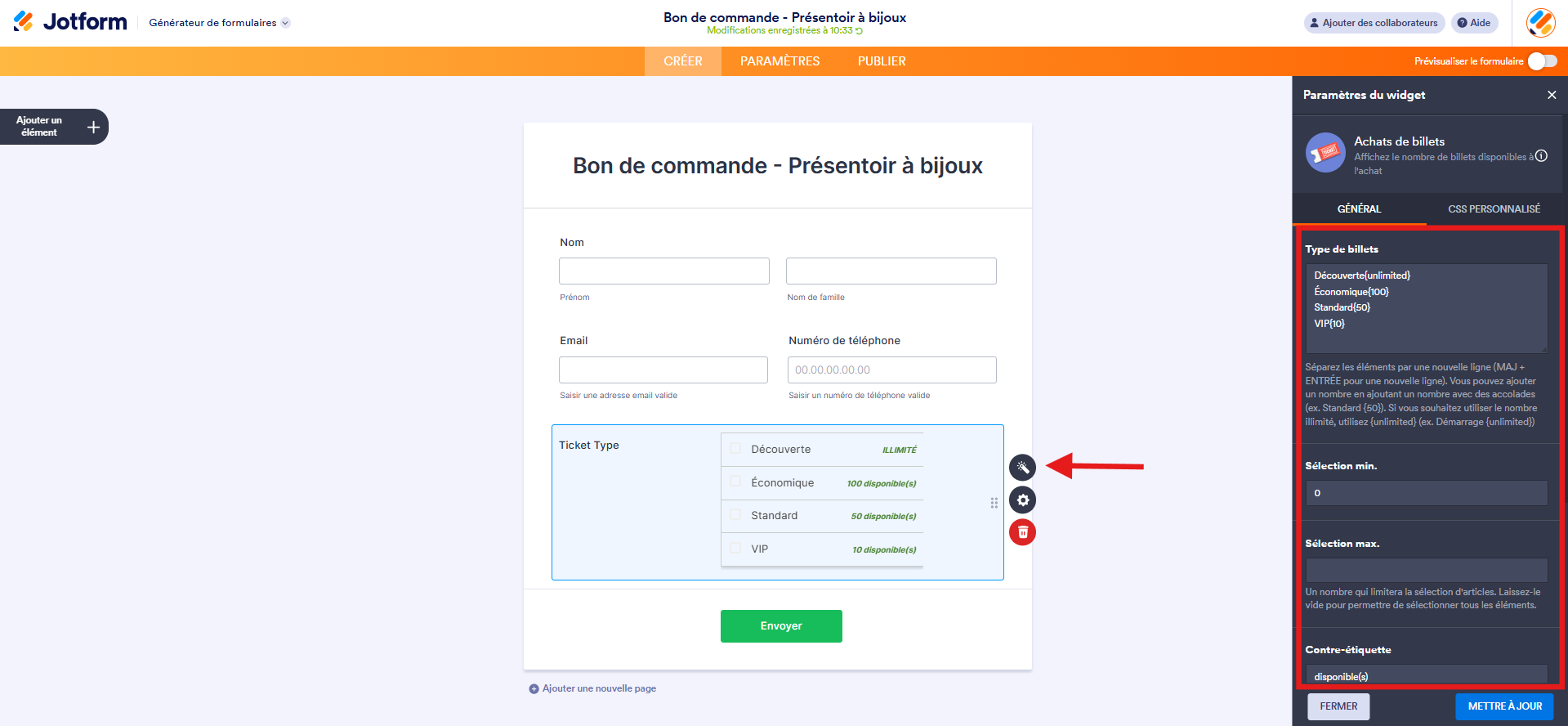 Capture d'écran d'un bon de commande dans le Générateur de formulaires Jotform avec un élément widget Achats de billet, une flèche vers l'icône de baguette magique et un encadré autour du volet Paramètres du widget