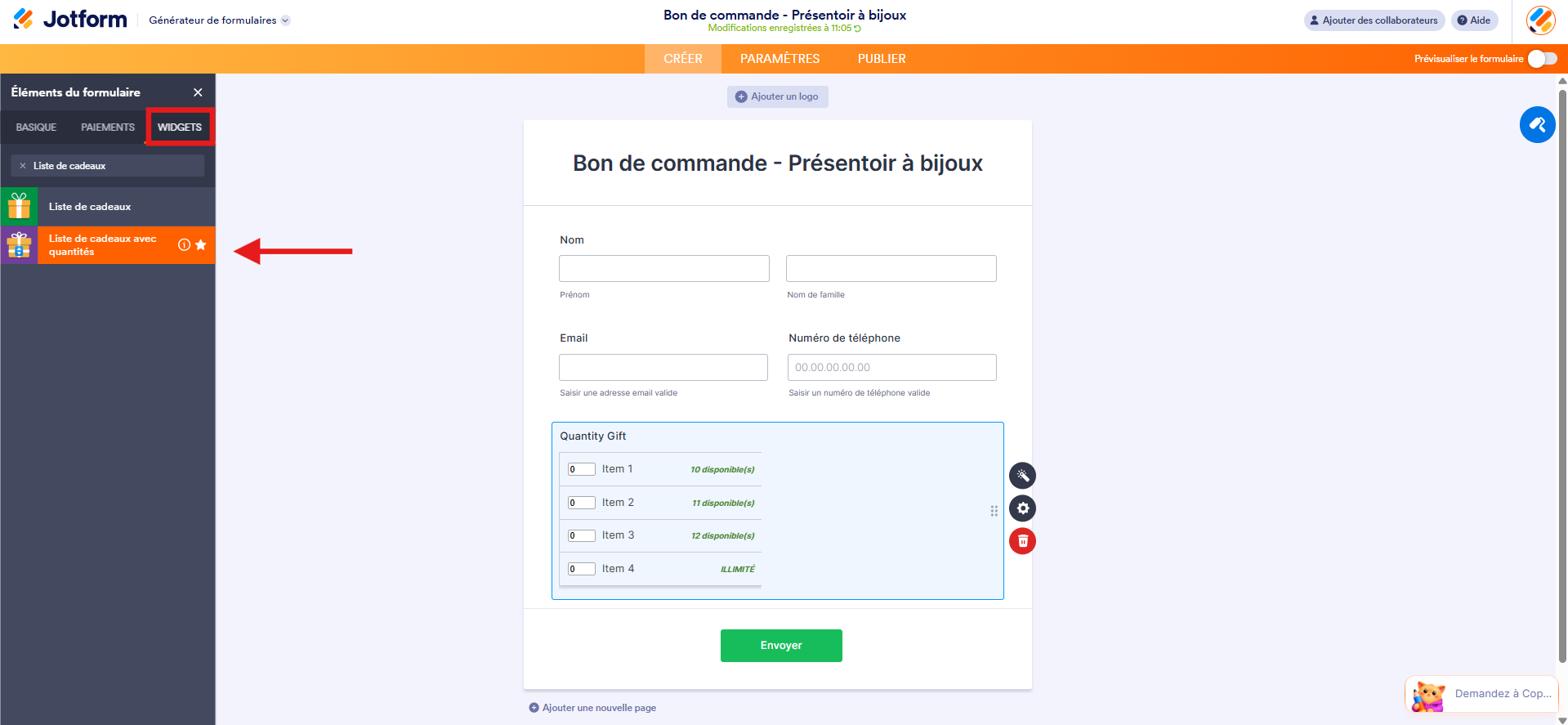 Capture d'écran d'un bon de commande dans le Générateur de formulaires Jotform avec un élément widget Liste de cadeaux avec quantités et une flèche vers Liste de cadeaux avec quantités dans le volet Éléments du formulaire à gauche