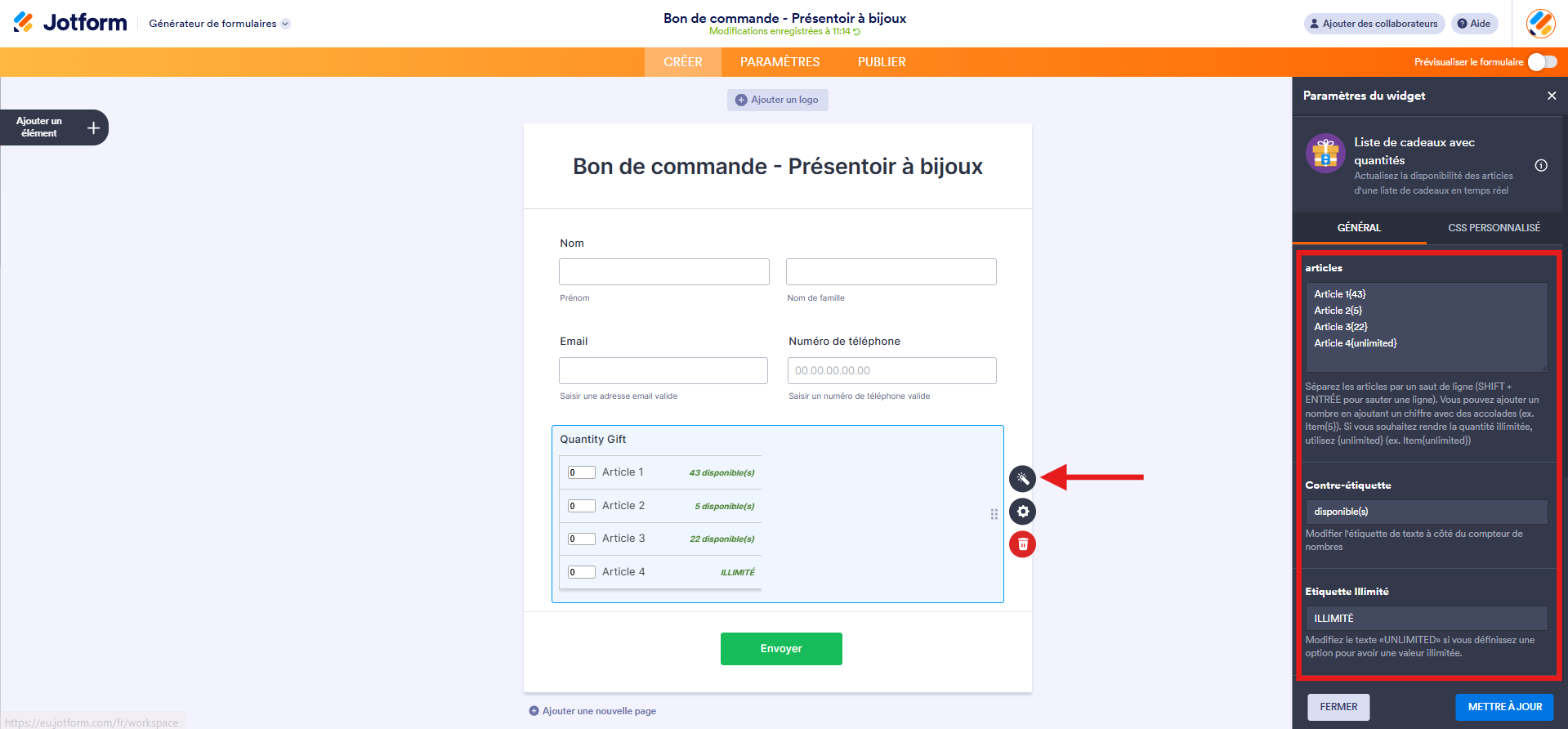 Capture d'écran d'un bon de commande dans le Générateur de formulaires Jotform avec un élément widget Liste de cadeaux avec quantités et une flèche vers l'icône de baguette magique et un encadré autour du volet Paramètres du widget