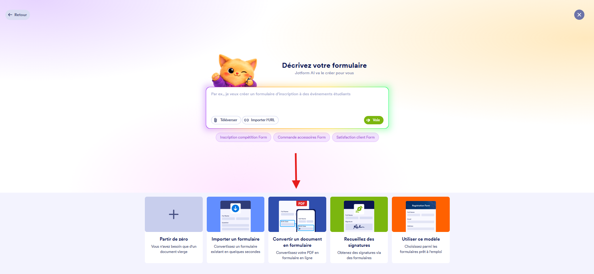 Capture d'écran de la page Décrivez votre formulaire dans le Générateur de formulaires Jotform avec une flèche pointant vers l'option Convertir votre document en formulaire