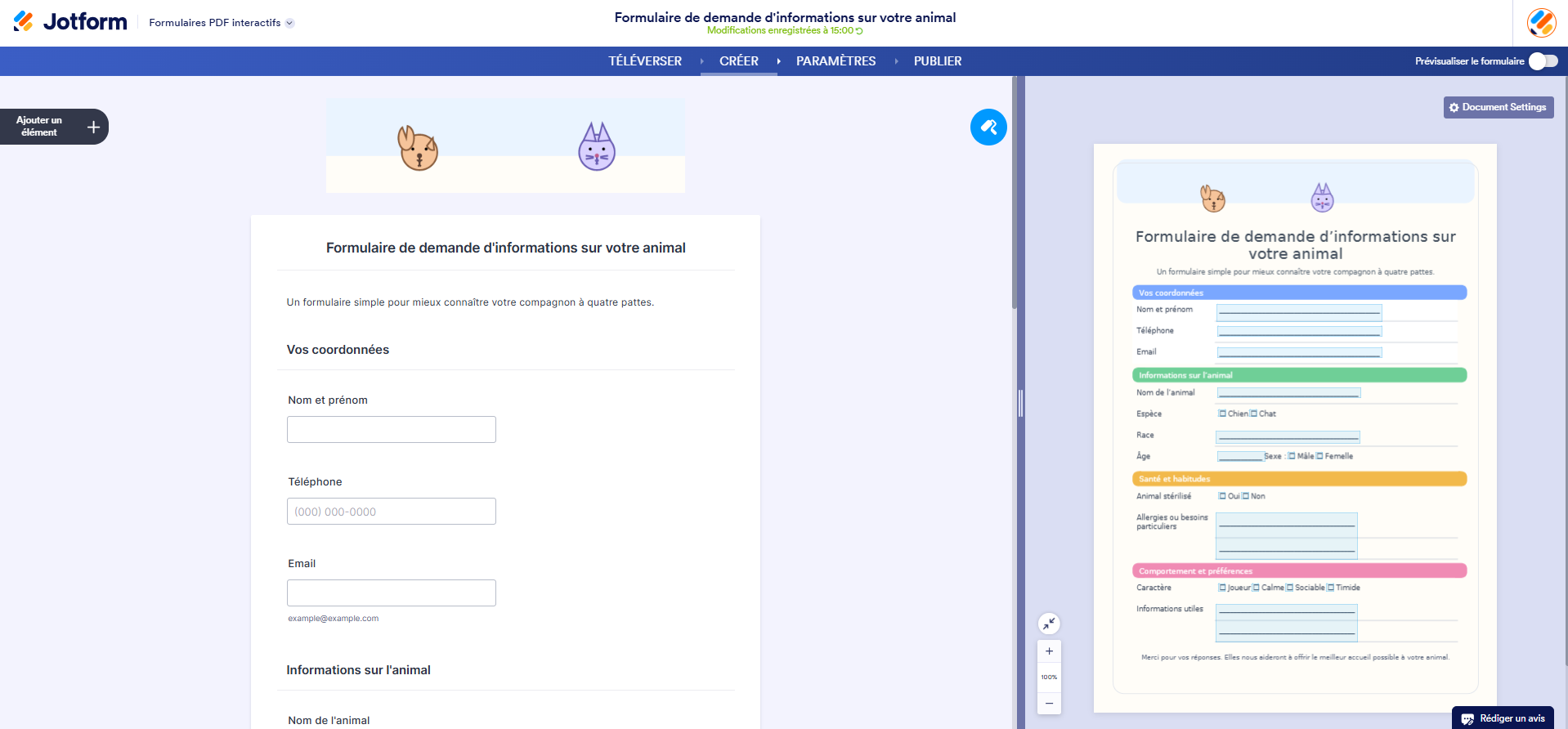 Capture d'écran de l'interface Formulaires PDF interactifs Jotform avec à gauche le formulaire généré par Jotform à partir du formulaire d'origine placé à droite