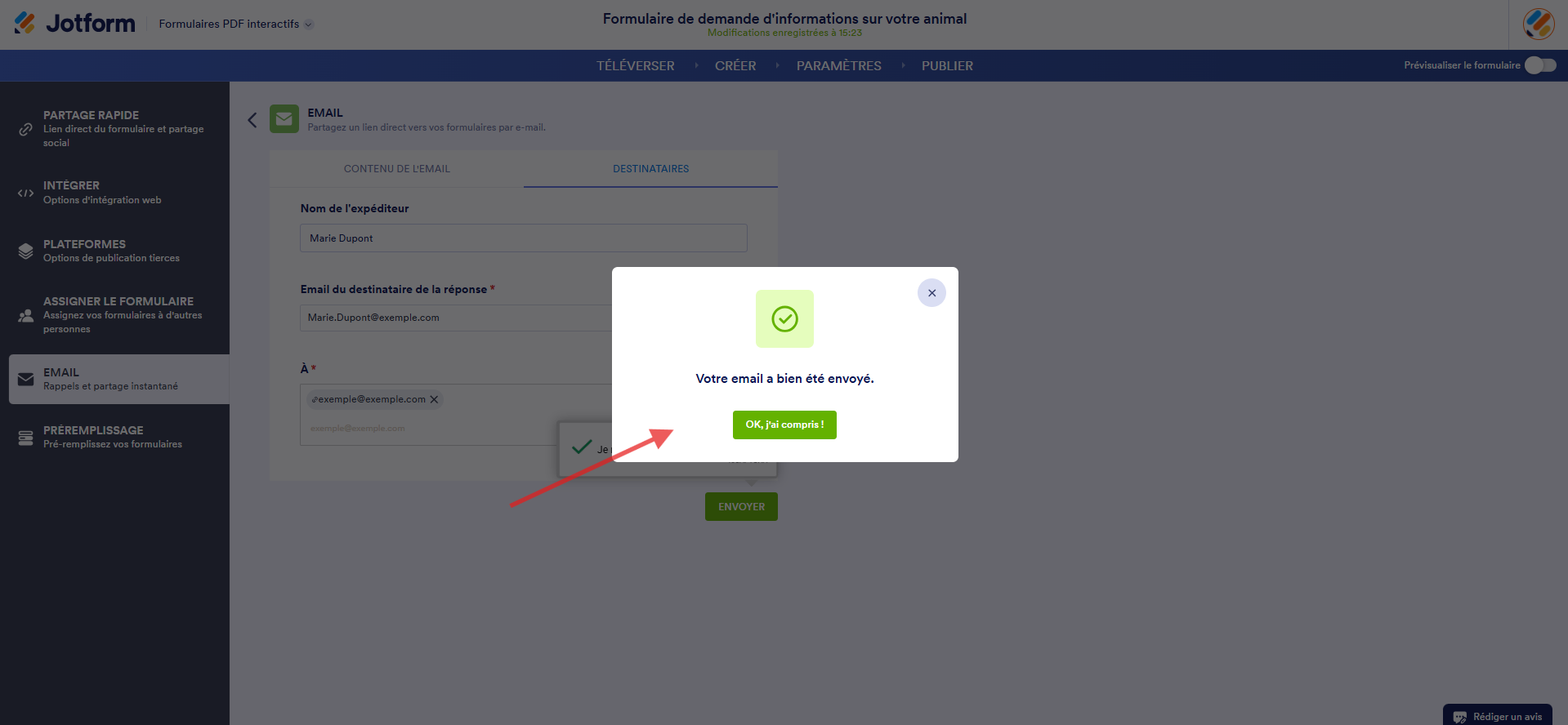 Capture d'écran du message de confirmation qui s'affiche dans le Générateur de formulaires PDF interactifs Jotform