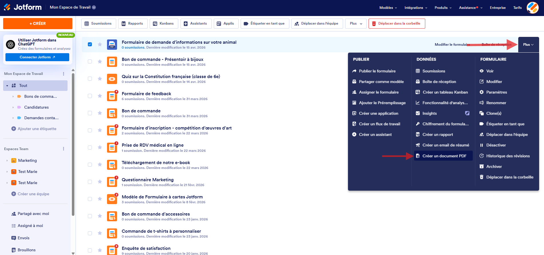 Capture d'écran de la page Mon Espace de Travail Jotform avec une flèche vers le bouton Plus et une autre vers Créer un document PDF dans le menu