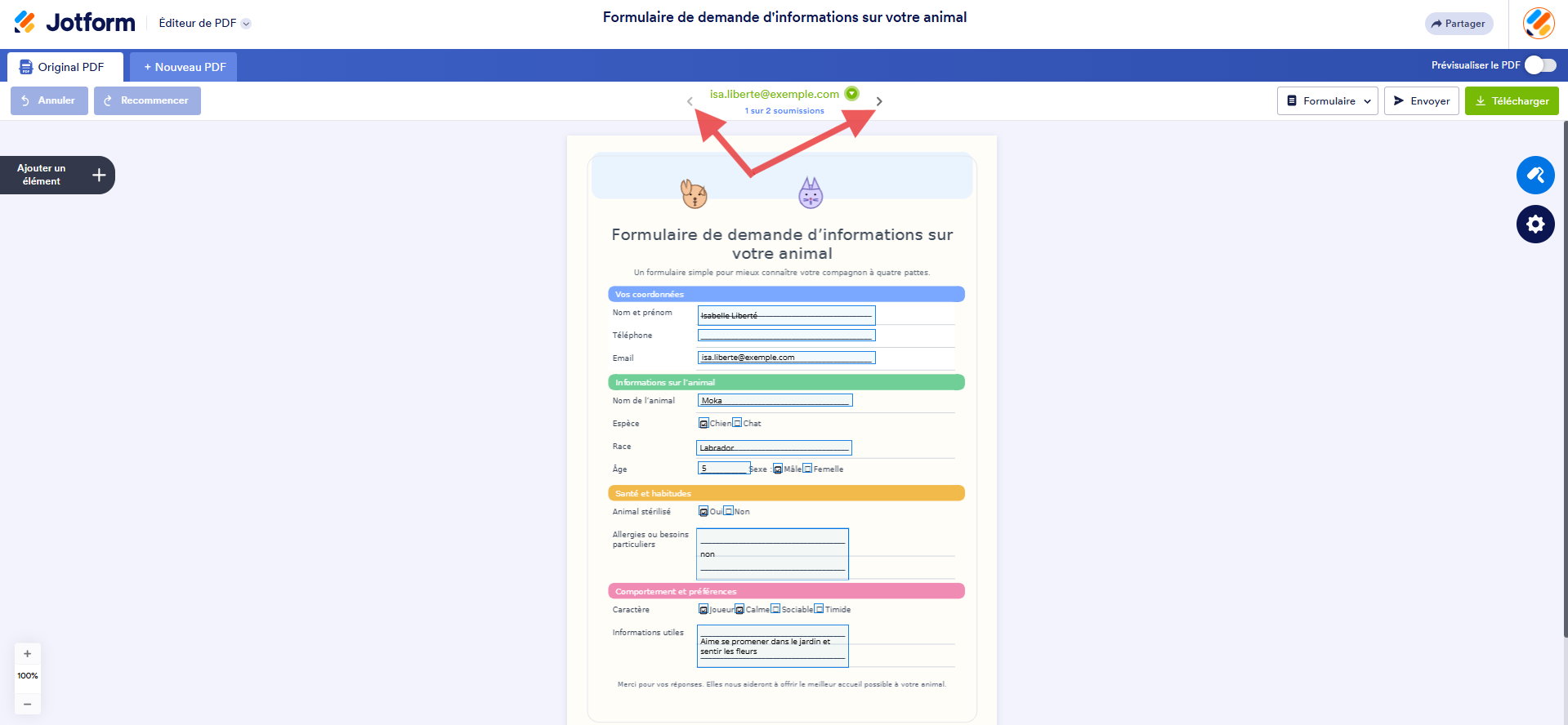 Capture d'écran du formulaire original dans l'Éditeur de PDF Jotform avec deux flèches, une vers « Soumission suivante » et vers « Soumission précédente »