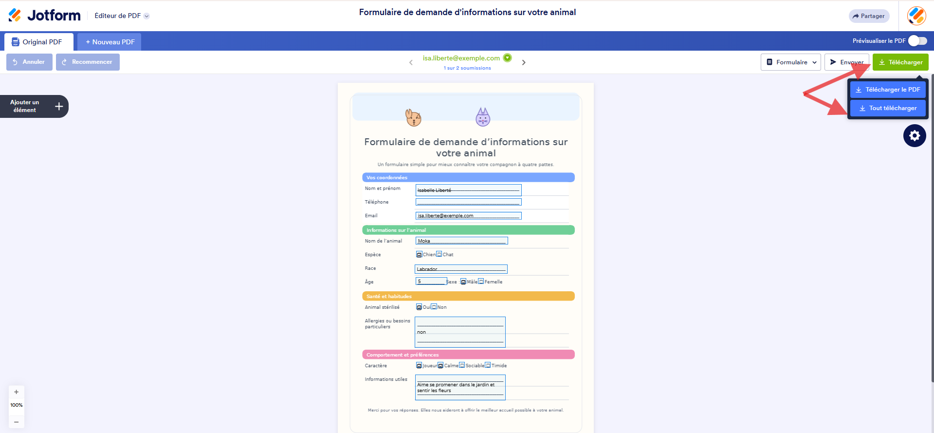 Capture d'écran du formulaire original dans l'Éditeur de PDF Jotform avec deux flèches, une vers « Télécharger » pour ouvrir le menu et une autre vers « Tout télécharger »