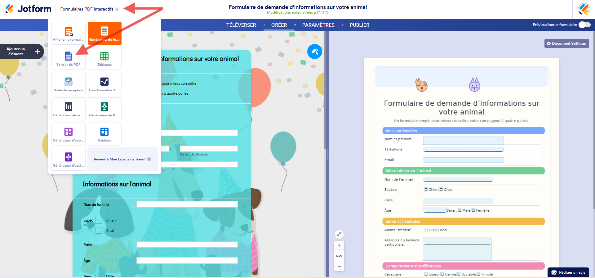 Capture d'écran du Générateur de Formulaire PDF interactifs Jotform avec une flèche vers le menu de sélection des solutions Jotform et une flèche vers Éditeur de PDF