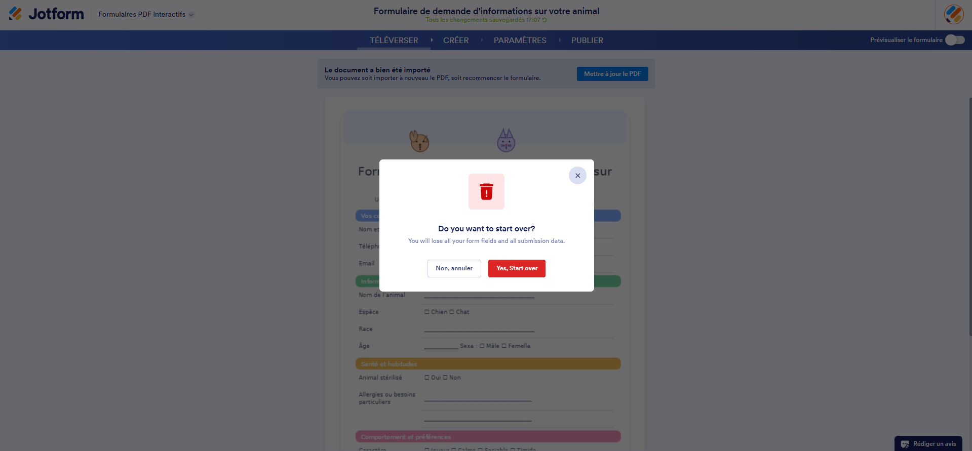Capture d'écran de l'interface du générateur de formulaires PDF interactifs Jotform avec la fenêtre modale de demande de confirmation Recommencer