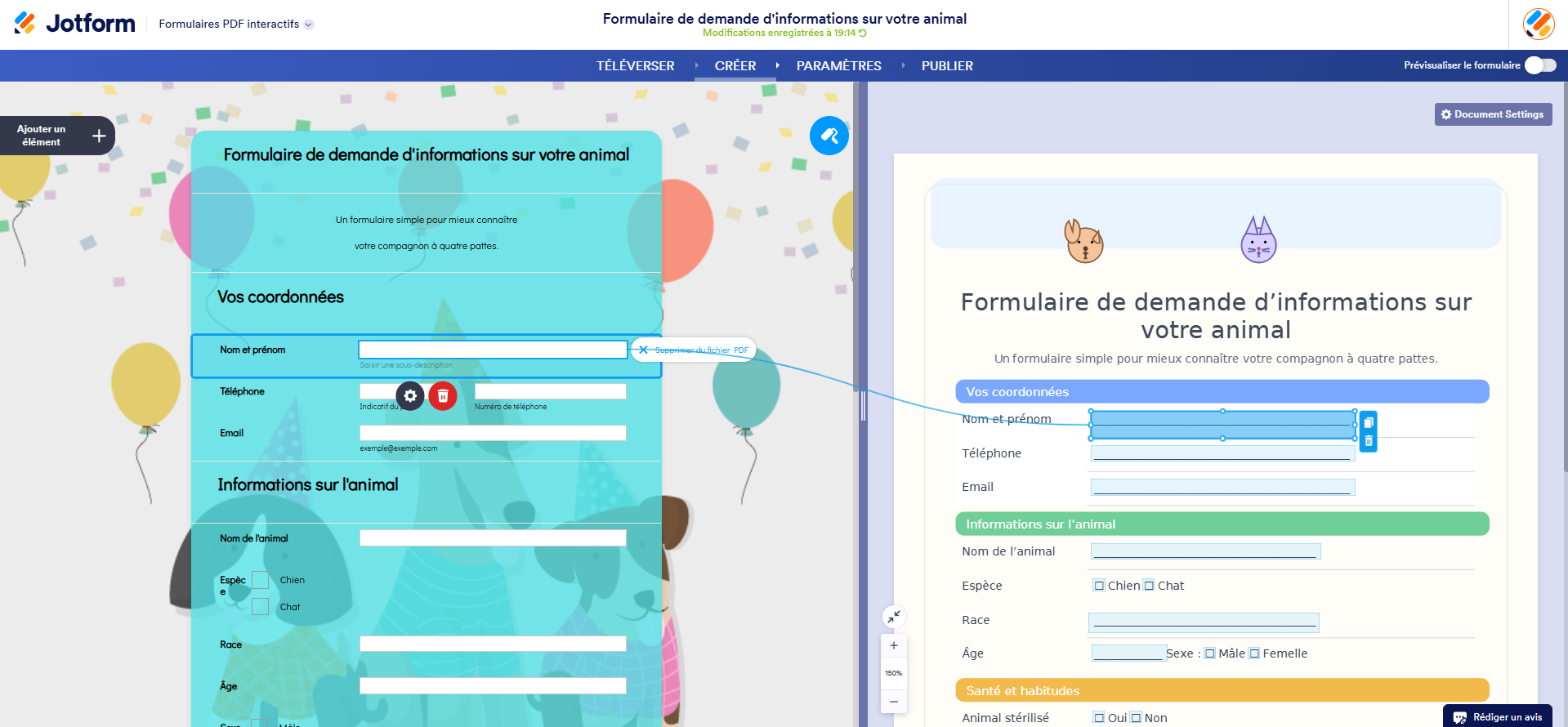Capture d'écran de l'interface du Générateur de formulaires PDF interactifs Jotform avec le formulaire PDF d'origine mis à jour et la correspondance des champs marqué par une ligne bleue furtive